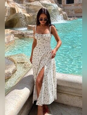 White Floral Maxi Dress with Front Slit